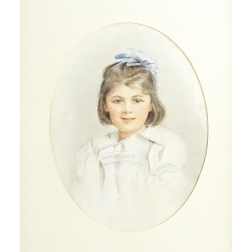 1637 - Early 20th century, Watercolour, A portrait of a young girl with a blue bow. Indistinctly signed A. ... 