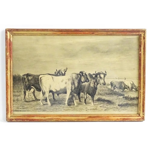 1676 - A. Merlande, Early 20th century, French School, Ink and wash, Cattle in a river landscape. Signed an... 