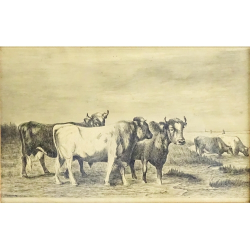 1676 - A. Merlande, Early 20th century, French School, Ink and wash, Cattle in a river landscape. Signed an... 