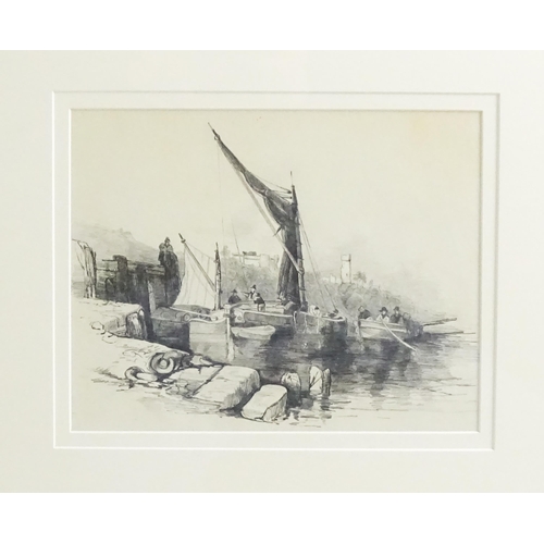 1678 - 19th century, Pencil sketch, Figures and boats in a small harbour with castle ruin beyond. Signed wi... 