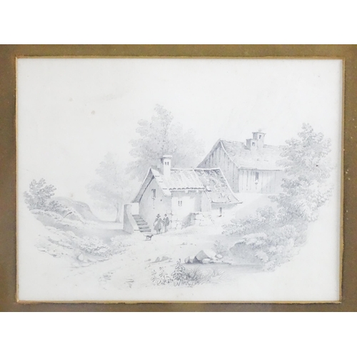 1679 - 19th century, Pencil sketch, A rural landscape scene with two figures and a dog outside a farm house... 