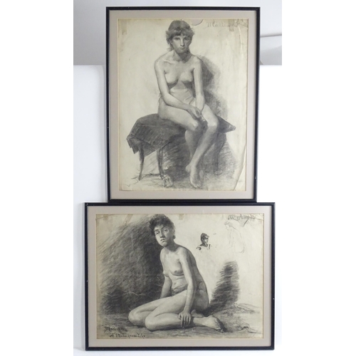 1683 - Malliun, 20th century, Charcoal sketches on paper, Two life drawings studies of nudes. Signed. Appro... 