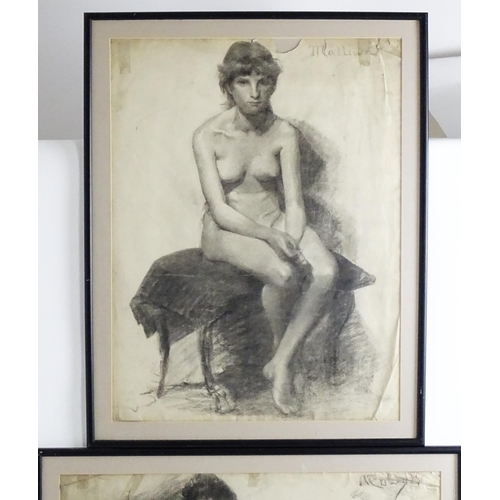 1683 - Malliun, 20th century, Charcoal sketches on paper, Two life drawings studies of nudes. Signed. Appro... 