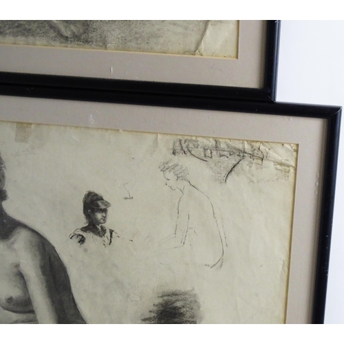 1683 - Malliun, 20th century, Charcoal sketches on paper, Two life drawings studies of nudes. Signed. Appro... 