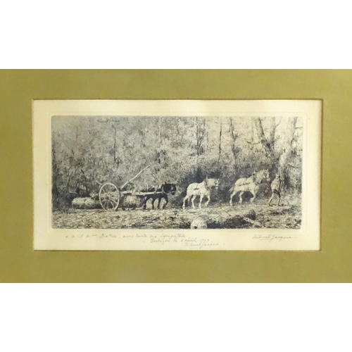 1692 - After Marcel Jacque (1906-1981), French School, Etching, A woodland scene with a log cart drawn by t... 