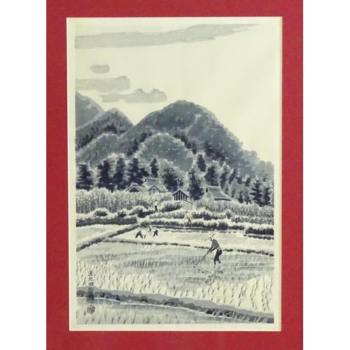 1717 - After Kotozuka Eiichi (1906-1979), Japanese School, Colour woodblock print, Rice Fields. Approx. 15 ... 