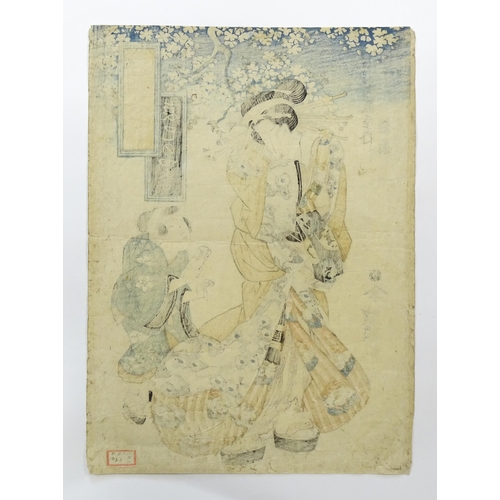 1729 - After Keisai Eisen (1790-1848), Japanese School, Woodblock print, A Geisha receiving a letter brough... 