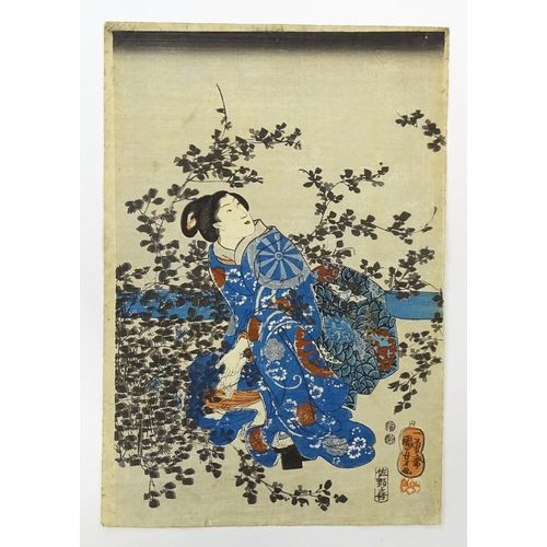 1730 - After Utagawa Kuniyoshi (1797-1861), Japanese School, Woodblock print, A Geisha picking leaves from ... 