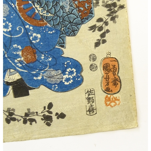 1730 - After Utagawa Kuniyoshi (1797-1861), Japanese School, Woodblock print, A Geisha picking leaves from ... 