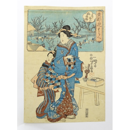 1735 - After Utagawa Yoshifuji (1828-1887), Japanese School, Woodblock print, An interior scene with a lady... 