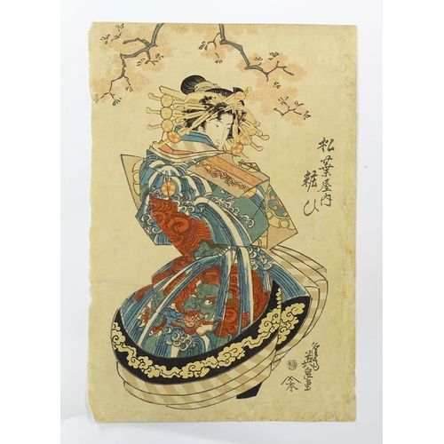 1736 - After Keisai Eisen (1790-1848), Japanese School, Woodblock print, A portrait of a Geisha with blosso... 