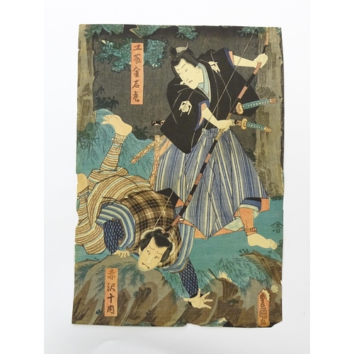 1748 - After Utagawa Kunisada (1786-1865), Japanese School, Woodblock print, Kabuki actors - A samurai and ... 