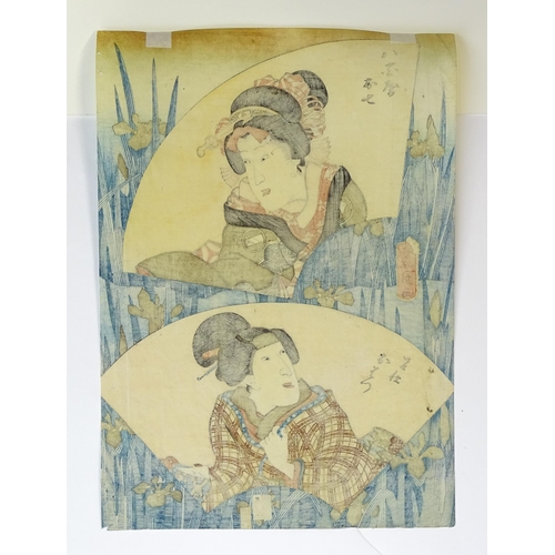 1756 - After Utagawa Kunisada (1786-1865), Japanese School, Woodblock print, Two female actors within fan s... 