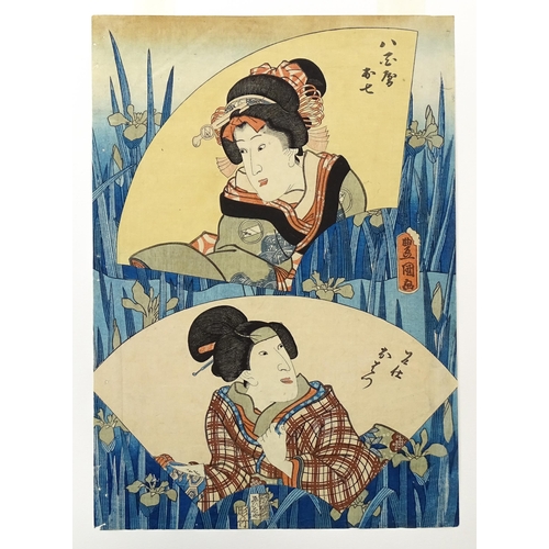 1756 - After Utagawa Kunisada (1786-1865), Japanese School, Woodblock print, Two female actors within fan s... 