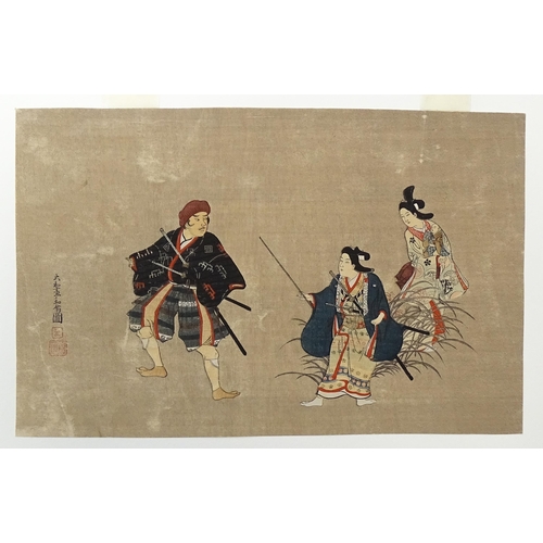 1760 - After Kondo Kiyoharu (act. 1704-1736), Japanese School, Woodblock print, Three figures to include a ... 