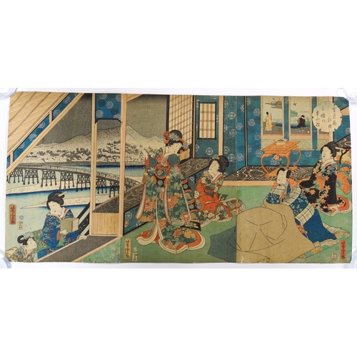 1769A - After Utagawa Yoshitora (1836-1880), Japanese School, Woodblock print, A triptych, Snow Falling at S... 