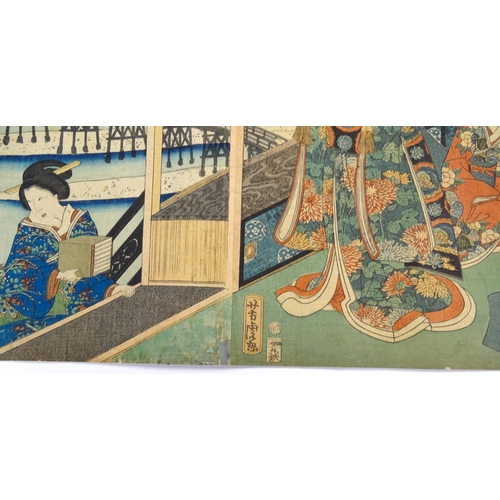 1769A - After Utagawa Yoshitora (1836-1880), Japanese School, Woodblock print, A triptych, Snow Falling at S... 