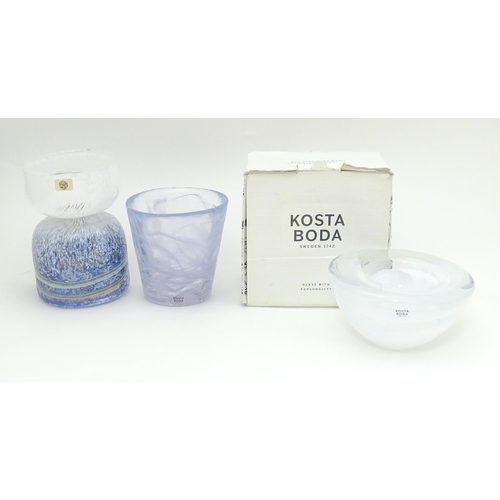 210 - Three items of Swedish art glass, comprising a Kosta Boda beaker, a boxed Kosta Boda 'Atoll' bowl an... 