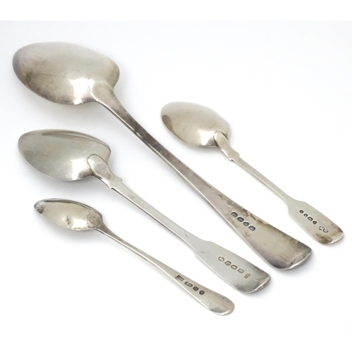 377 - Four 19thC silver spoons, various dates and makers to include a tablespoon hallmarked London 1823 ma... 