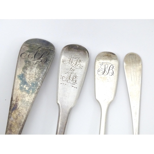 377 - Four 19thC silver spoons, various dates and makers to include a tablespoon hallmarked London 1823 ma... 