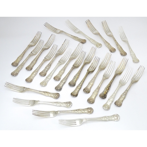 522 - 24 associated Victorian silver Kings pattern dessert forks comprising fifteen hallmarked London 1848... 