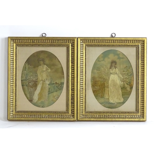 1259 - A pair of 19thC silkwork embroideries, each depicting a maiden in a landscape. Approx. 8 1/2