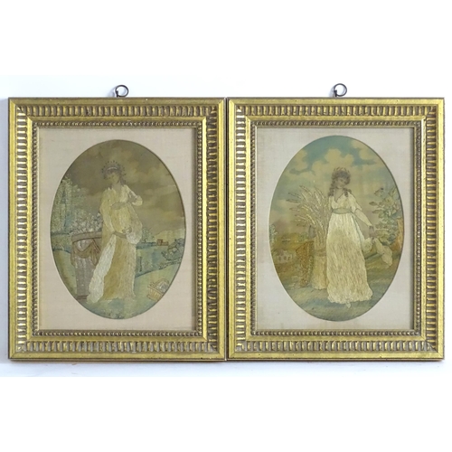 1259 - A pair of 19thC silkwork embroideries, each depicting a maiden in a landscape. Approx. 8 1/2