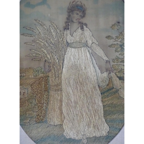 1259 - A pair of 19thC silkwork embroideries, each depicting a maiden in a landscape. Approx. 8 1/2