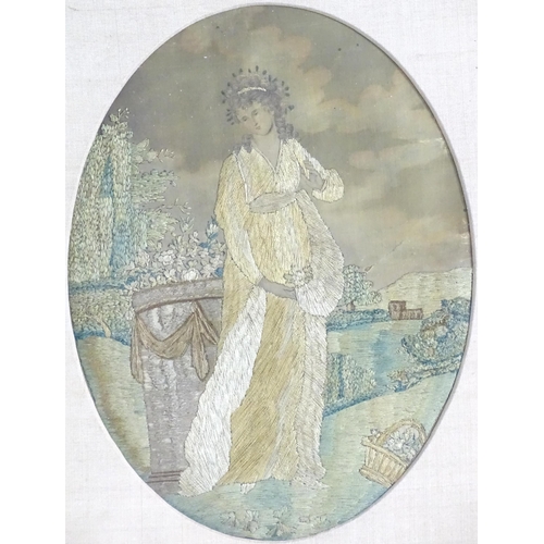 1259 - A pair of 19thC silkwork embroideries, each depicting a maiden in a landscape. Approx. 8 1/2