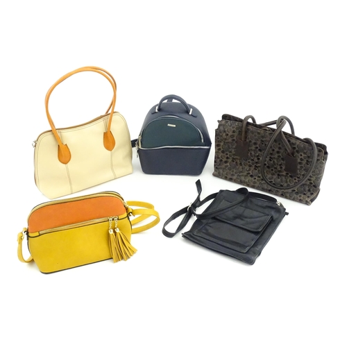 1268 - Vintage fashion: Five leather handbags to include a mustard and orange bag measuring 8 x 10