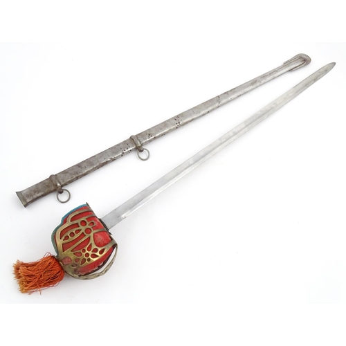 821 - Militaria: a 20thC basket hilt display sword, 34 1/2