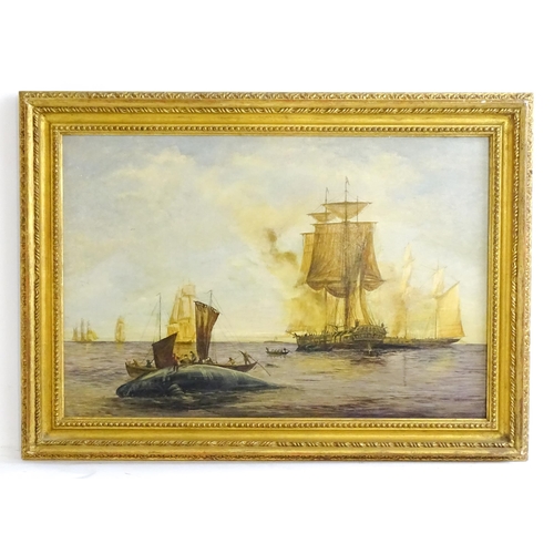 1484 - Late 19th / early 20th century, Oil on canvas, A seascape whaling scene with tall ships and mariners... 