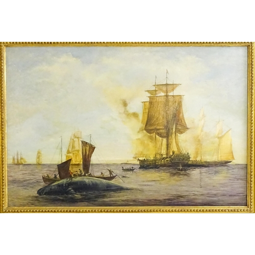 1484 - Late 19th / early 20th century, Oil on canvas, A seascape whaling scene with tall ships and mariners... 