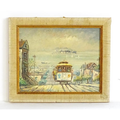 1485 - 20th century, Oil on board, A San Francisco street scene with a tram on the hill and a view of the b... 