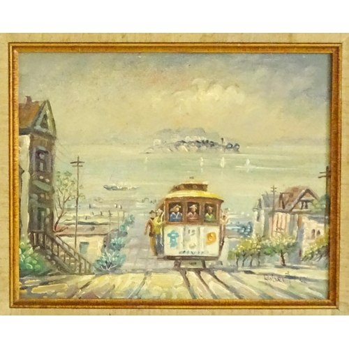 1485 - 20th century, Oil on board, A San Francisco street scene with a tram on the hill and a view of the b... 