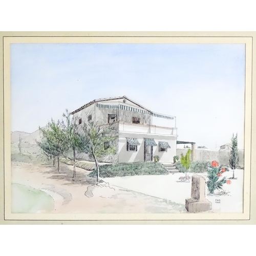 1610A - 20th century, Watercolour, A view of a Continental villa. Signed with initials FWQ and dated 1962. T... 