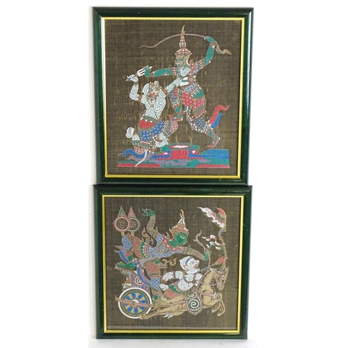 1771A - 20th century, Asian / Burmese School, Watercolours on fabric, A pair of warrior scenes. Approx. 12