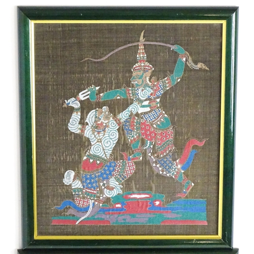 1771A - 20th century, Asian / Burmese School, Watercolours on fabric, A pair of warrior scenes. Approx. 12