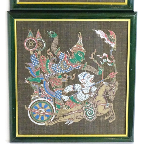 1771A - 20th century, Asian / Burmese School, Watercolours on fabric, A pair of warrior scenes. Approx. 12