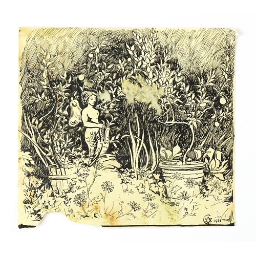 1791 - Early 20th century, Pen and ink sketch, Fairy Garden. Signed with monogram and dated 1931, possibly ... 