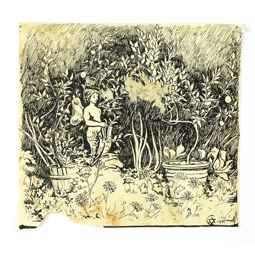 1791 - Early 20th century, Pen and ink sketch, Fairy Garden. Signed with monogram and dated 1931, possibly ... 