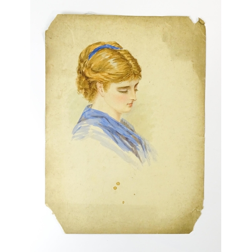 1794 - F. R. Stock, Early 20th century, Watercolour, A portrait of a young lady with a blue ribbon in her h... 