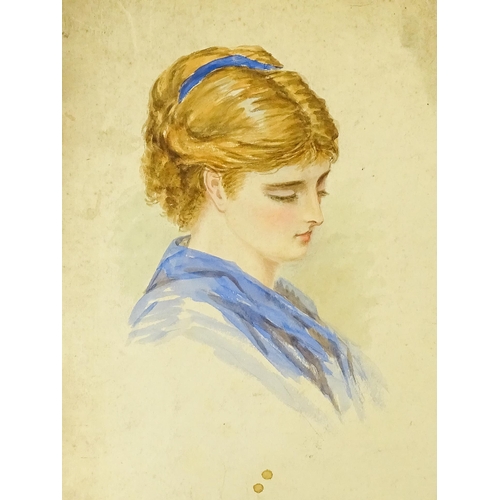 1794 - F. R. Stock, Early 20th century, Watercolour, A portrait of a young lady with a blue ribbon in her h... 