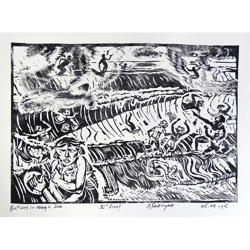 1850 - A. Ballingan? 20th century, Four signed proof linocuts, comprising Bathers in Rough Sea, Dancers in ... 