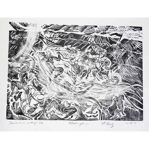 1850 - A. Ballingan? 20th century, Four signed proof linocuts, comprising Bathers in Rough Sea, Dancers in ... 