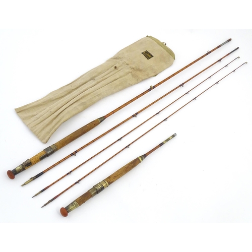 1218 - An early 20thC three-piece 10ft fly fishing rod by Hardy Bros , Alnwick , constructed from whole can... 