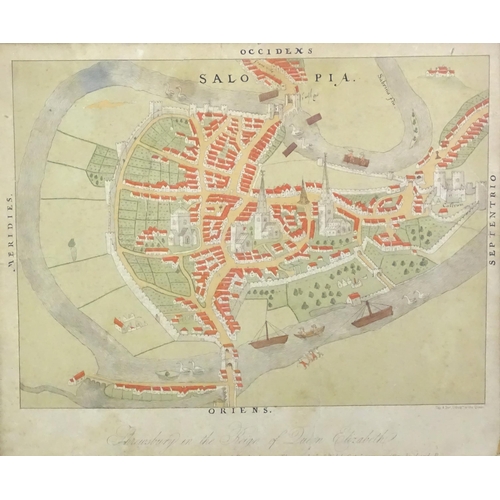 1856 - Map: A late 19th / early 20thC lithographic map titled 'Shrewsbury in the Reign of Queen Elizabeth -... 