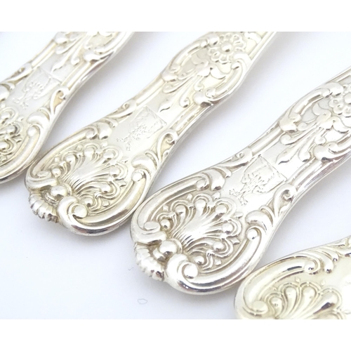 524 - Twelve associated Victorian silver Kings pattern dessert spoons comprising six hallmarked London 184... 