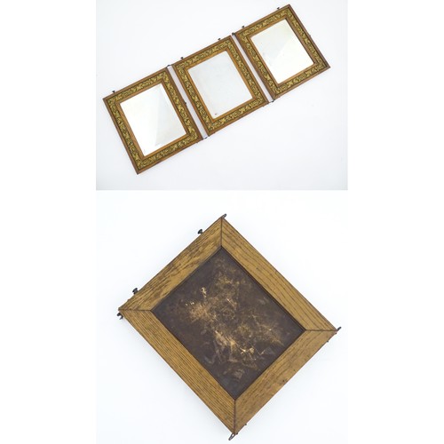 1222 - 20thC three fold oak mirrors with banded foliate detail. Each panel approx. 14