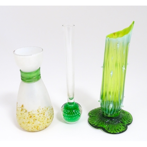 234 - Three items of art glass to include a bud vase and two other vases, one of uranium glass in the mann... 